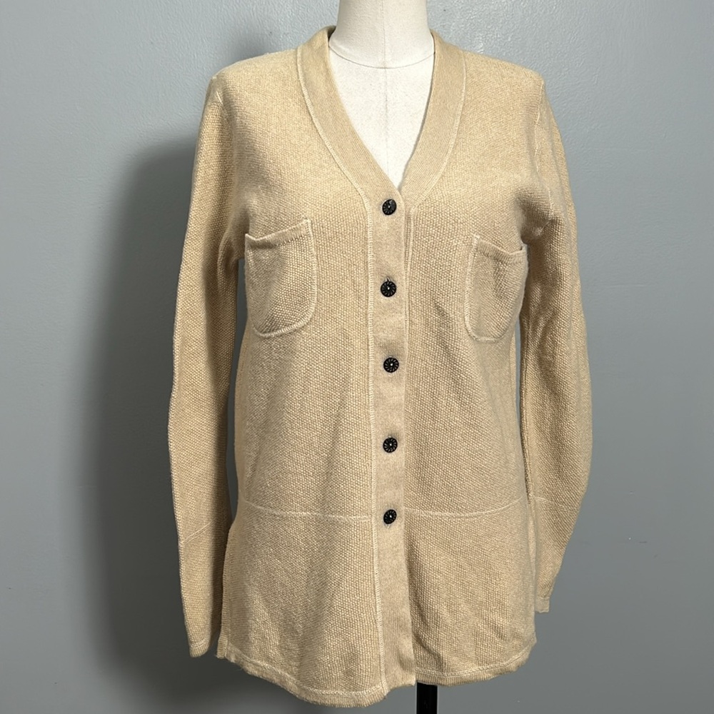 Tan 100% merino wool cream warm long sleeve v-neck cardigan  size M